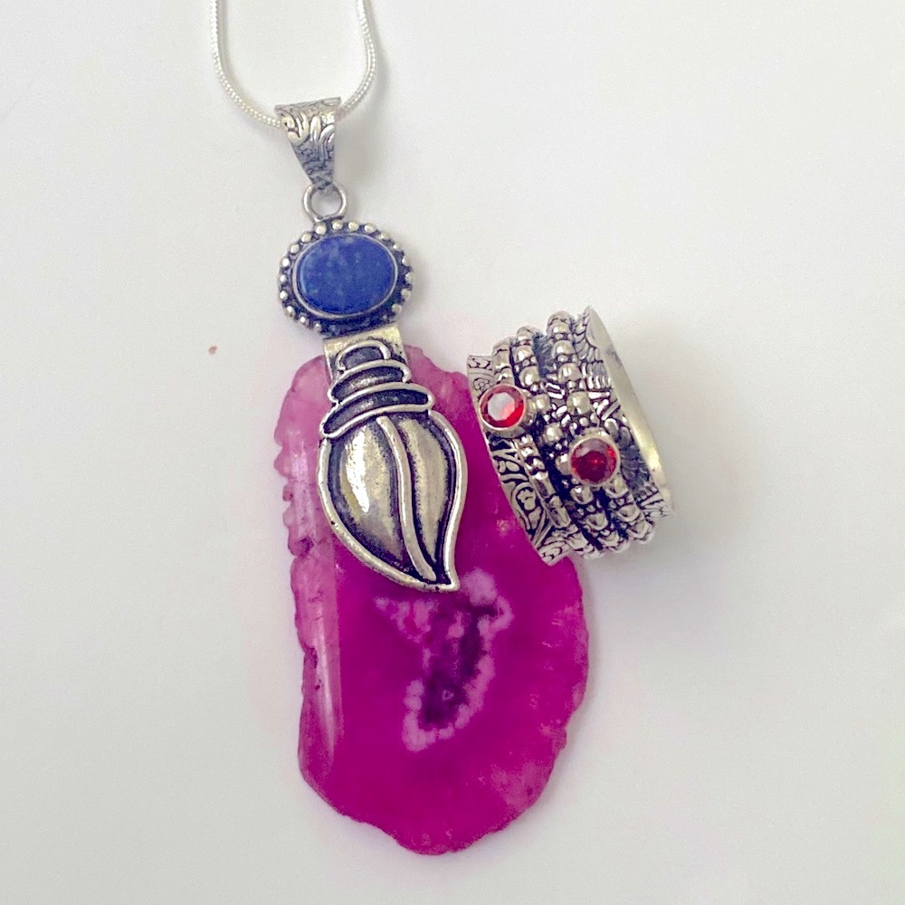 2 inch solar quartz, lapis Lazuli . Beautiful Raspberry Rhodolite  3 band ring